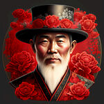 一个戴礼帽的人，礼帽上有很多鲜花，整体是红色调，复杂，写实，高级。