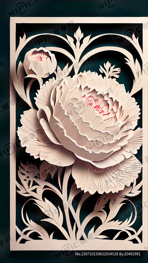 长方形无框剪纸多朵牡丹镂空藤蔓