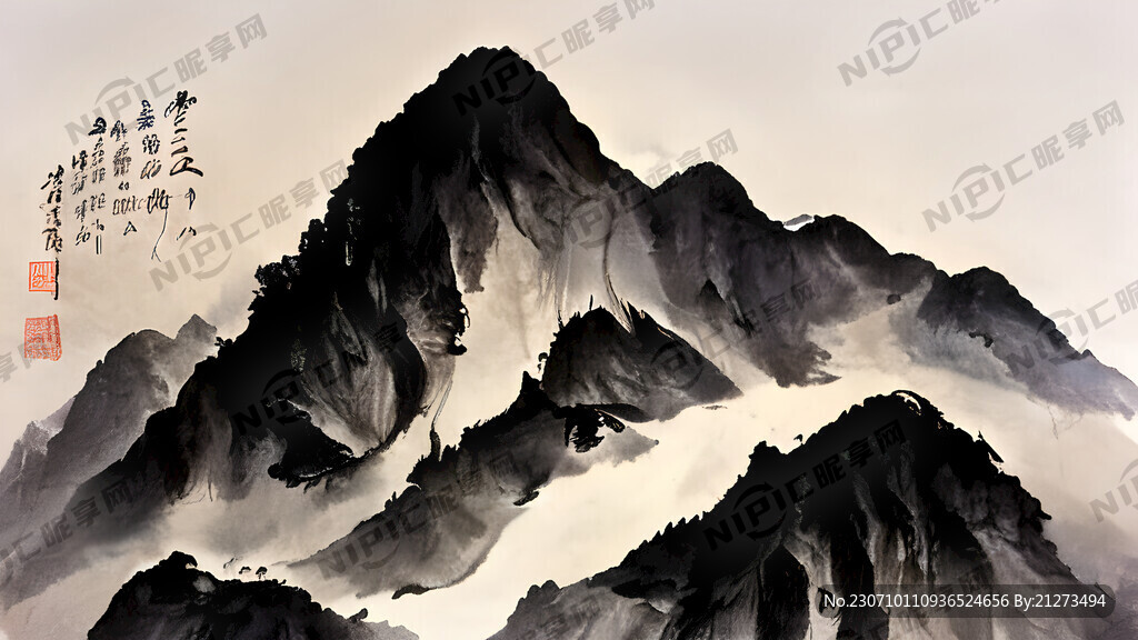 写意画 国画 水墨 高山 醒狮