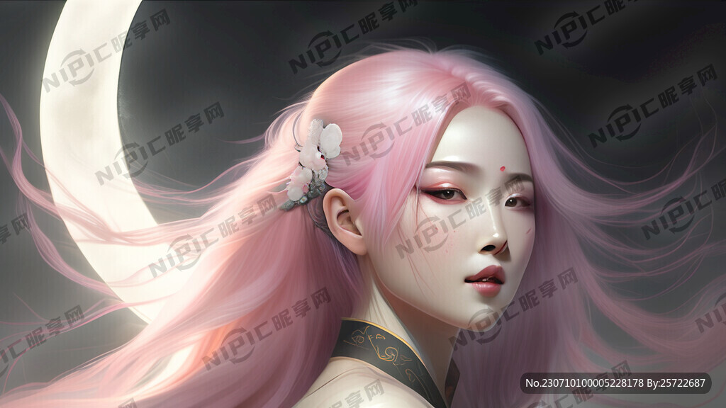 白月光照着粉色头发的美女微风拂