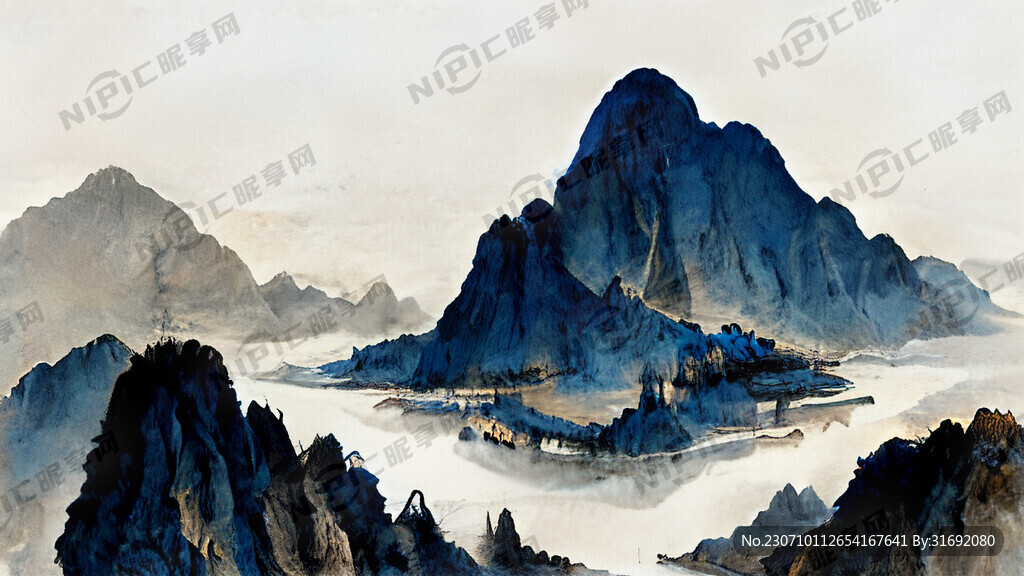 蓝色 鎏金 山河 水 中国风