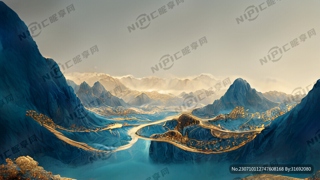 蓝色 鎏金 山河 水 中国风