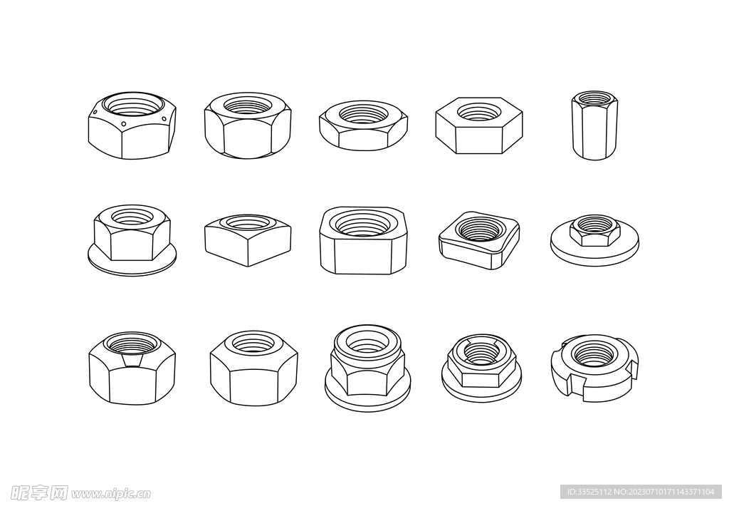 螺母螺丝帽线描图 矢量图