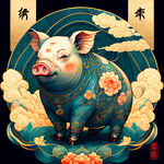 十二生肖，猪，画风明亮，色彩丰富，层次感强