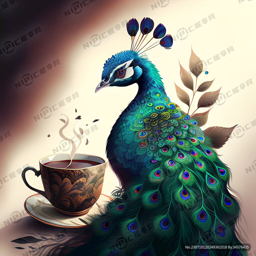 茶叶 孔雀插画 画风明亮