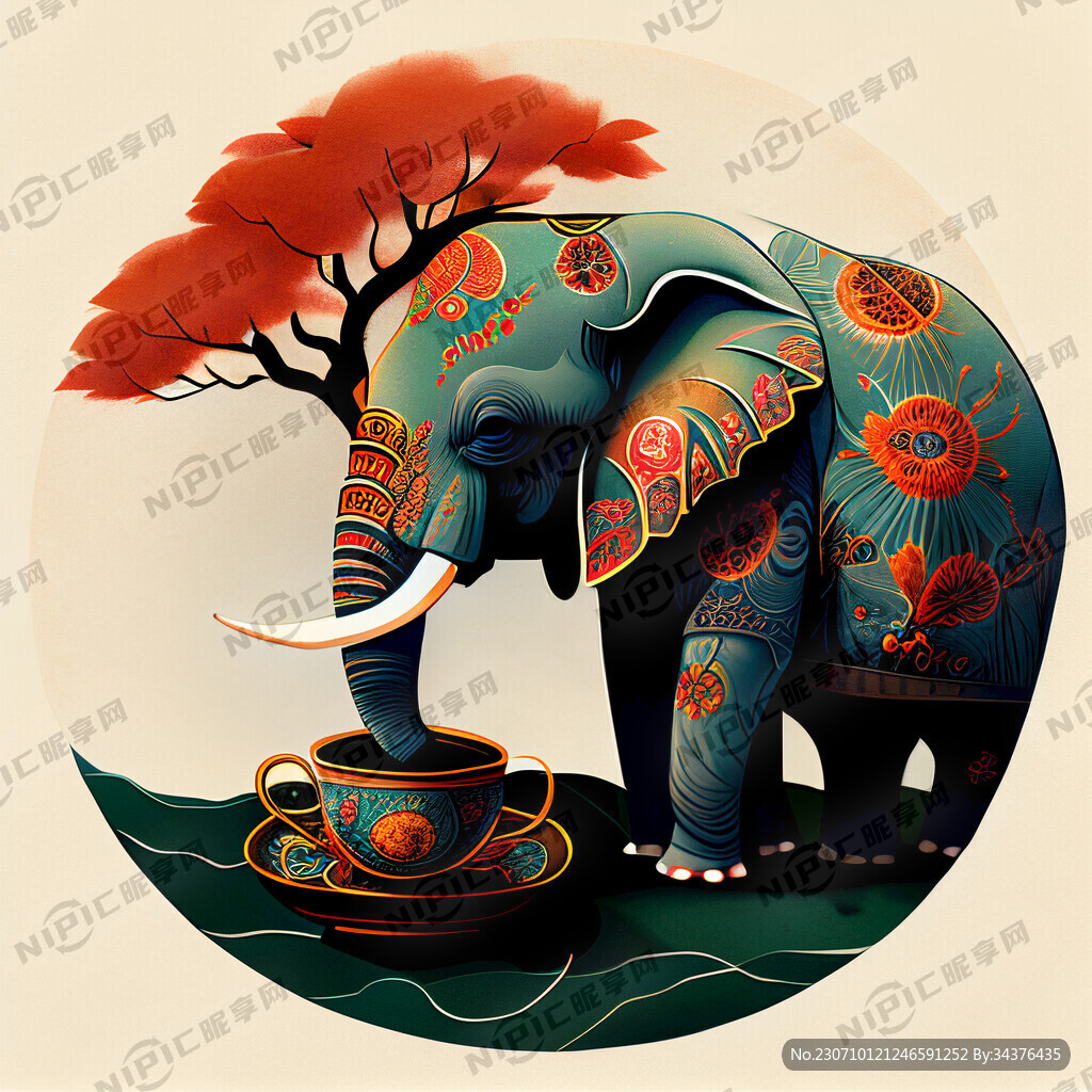 茶叶 大象插画 民簇风