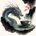茶叶，龙插画，国画风，画风明亮，层次感强