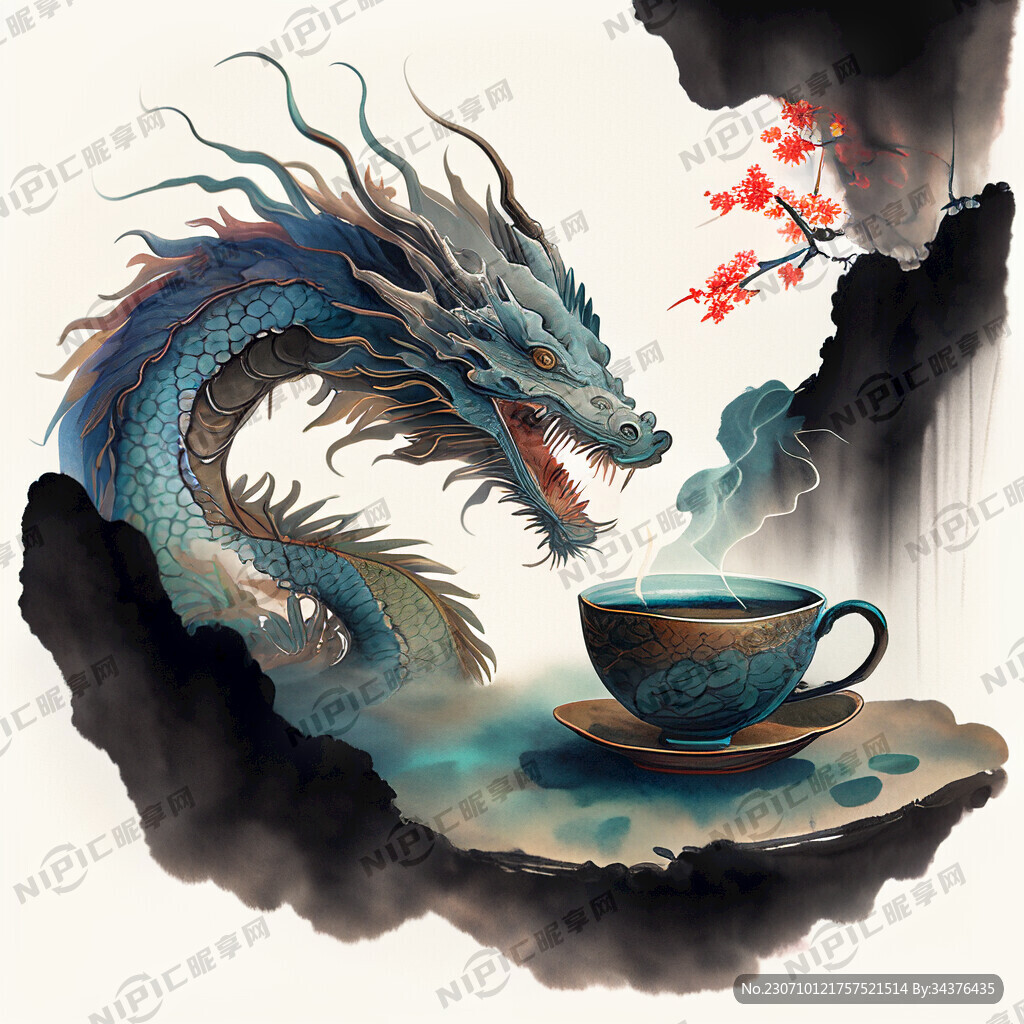 茶叶 龙插画 国画风 画风明亮