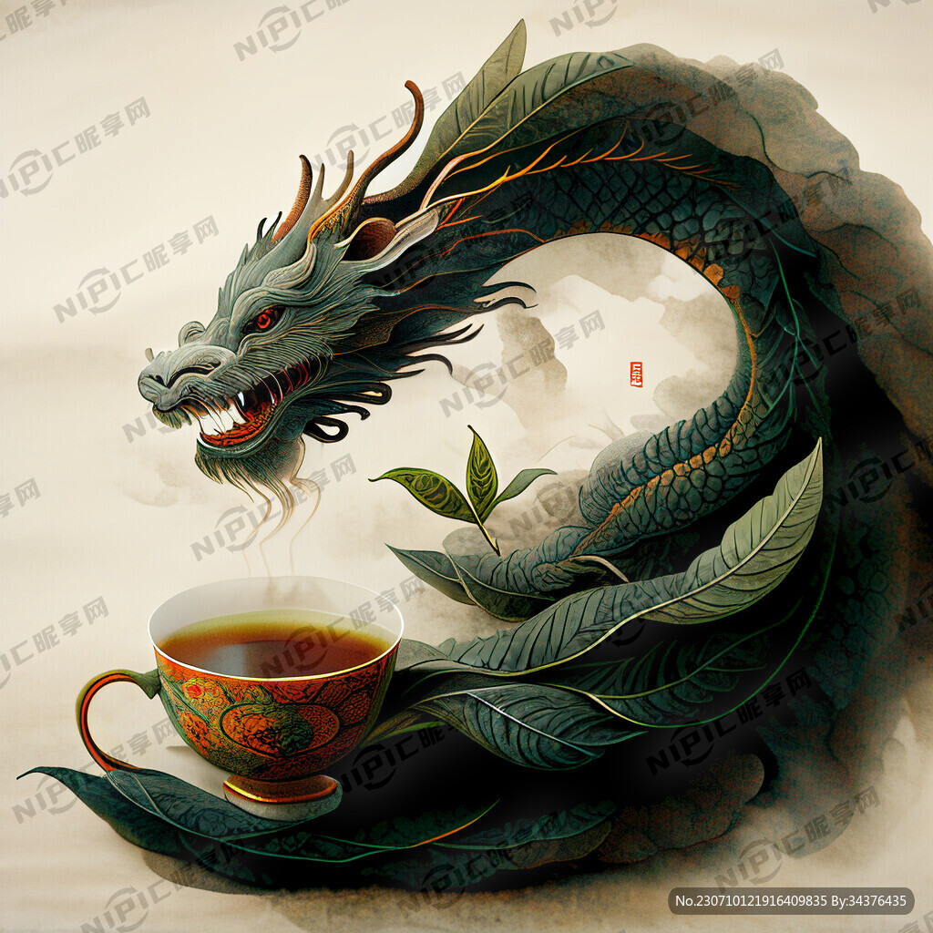 茶叶 龙插画 国画风 画风明亮