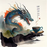 茶叶，龙插画，国画风，画风明亮，层次感强