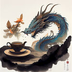 茶叶，龙插画，国画风，画风明亮，层次感强