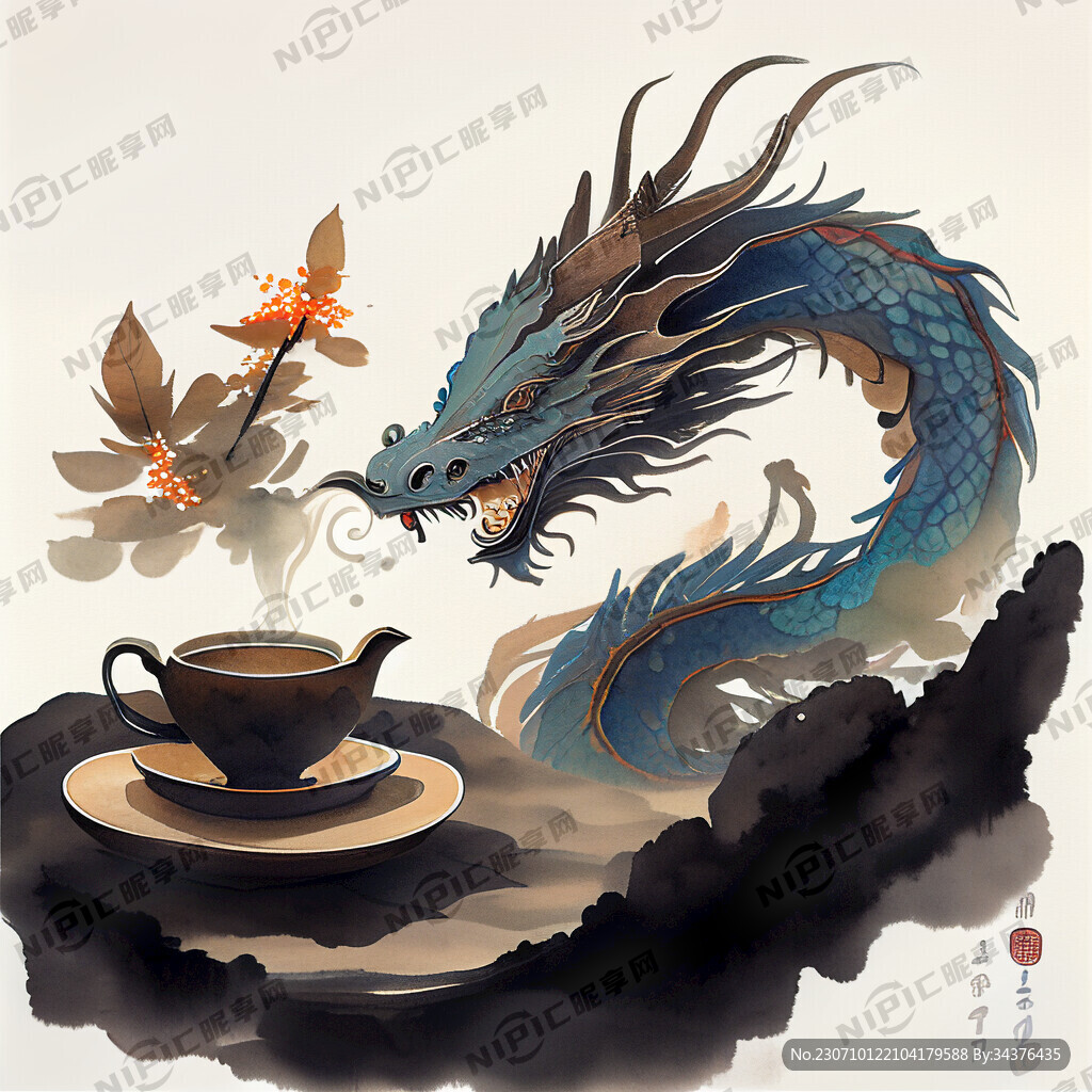 茶叶 龙插画 国画风 画风明亮