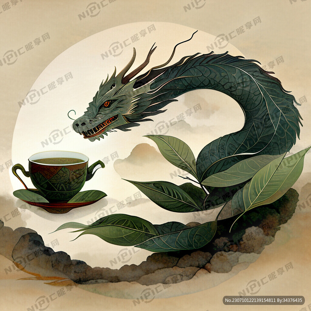 茶叶 龙插画 国画风 画风明亮