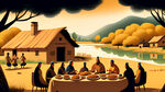 农家场景，有鸡，有人围着八仙桌吃饭，有农村土房，带些湖南特色，整个画面相对插画风格，偏土黄