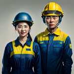 一个男人工人和一个女工人穿着深蓝色工作服，佩戴着黄色安全头盔，站立着