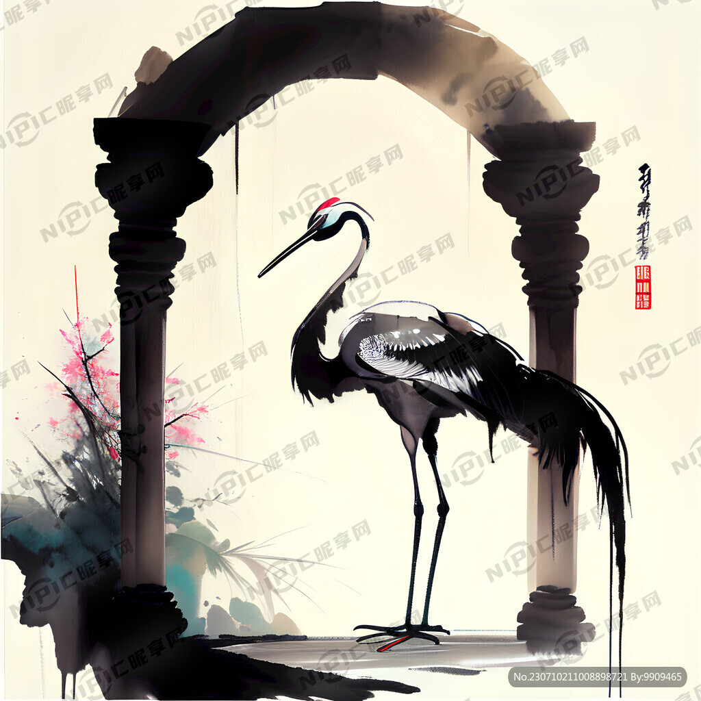 仙鹤站在中式戏台上