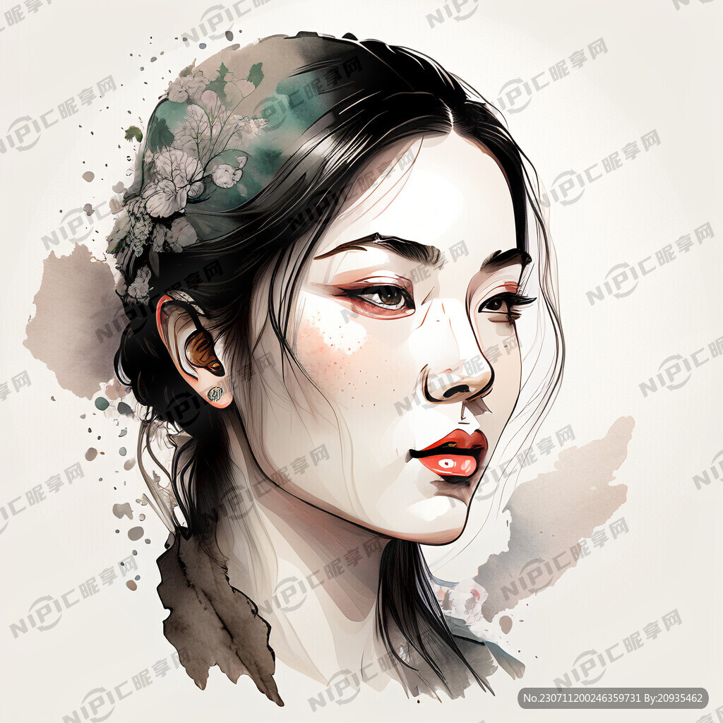 中国女性头像 线条插图 标识