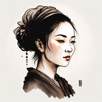 中国乡村女性正面头像，简约线条插图，标识