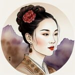 中国乡村喜感女性正面头像，简约线条插图，标识