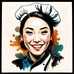 中国女厨师笑脸正面头像，线条画，形象标识