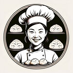 中国女厨师笑脸正面头像，单色线条画，饺子店形象标识