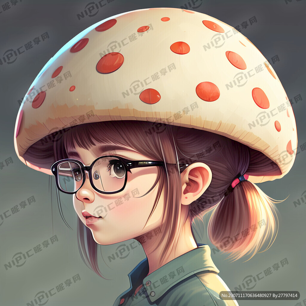 可爱戴眼镜插画少女蘑菇头侧面