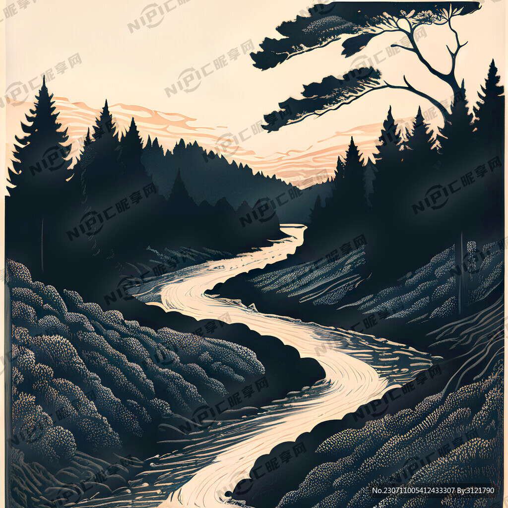 流淌的河流版画