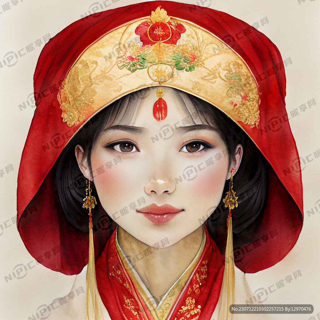 古代中国新娘害羞唯美华冠红色婚