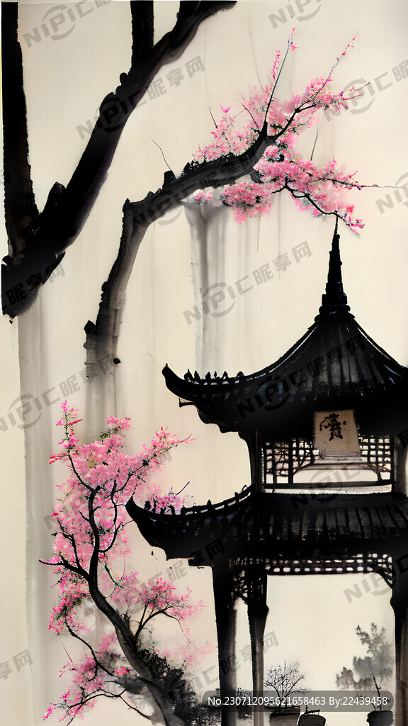 水墨 苏州园林 桃花 柳树