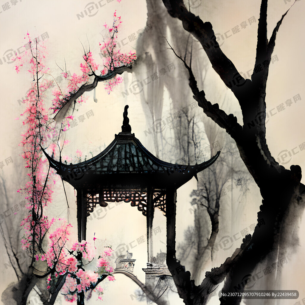 水墨 苏州园林 桃花 柳树