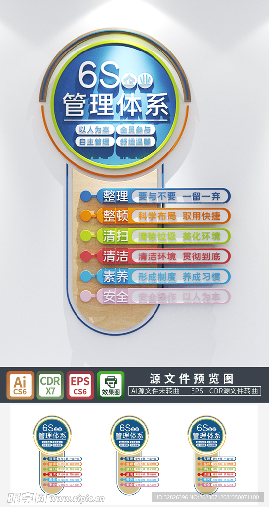 蓝色企业6S管理体系竖版文化墙