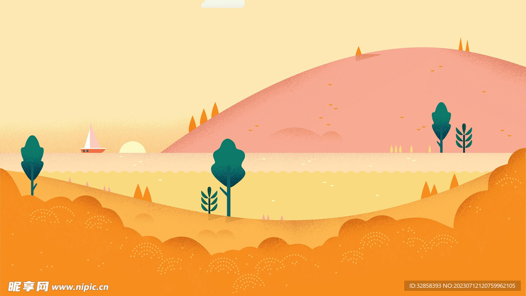 橙色山水树插画背景