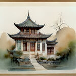 中国古建筑，古朴，色彩明亮，层次分明