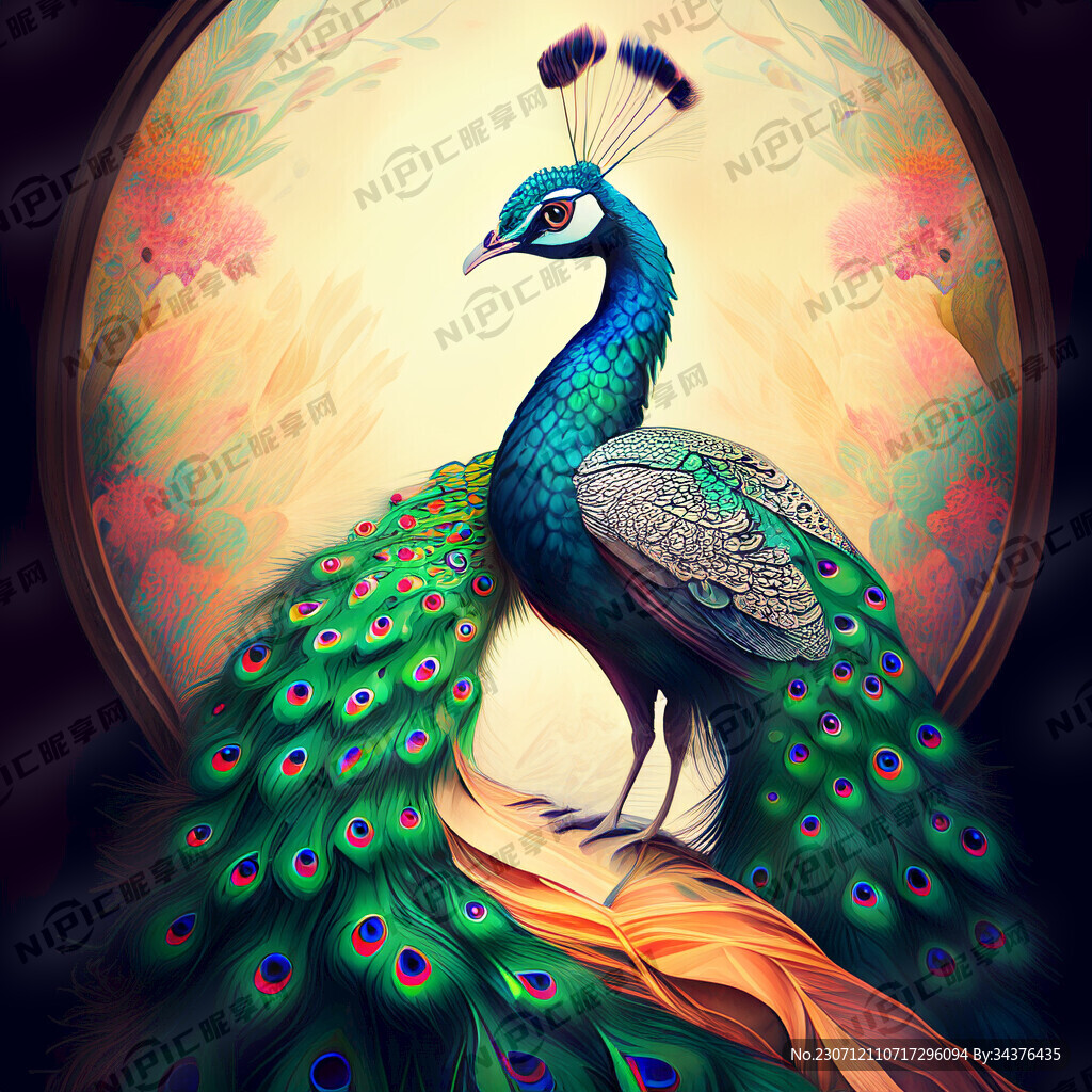 孔雀插画 色彩明亮 层次分明