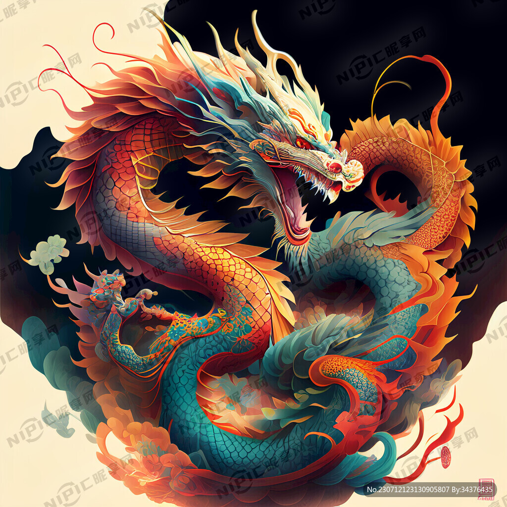 双龙插画 色彩明亮 层次分明