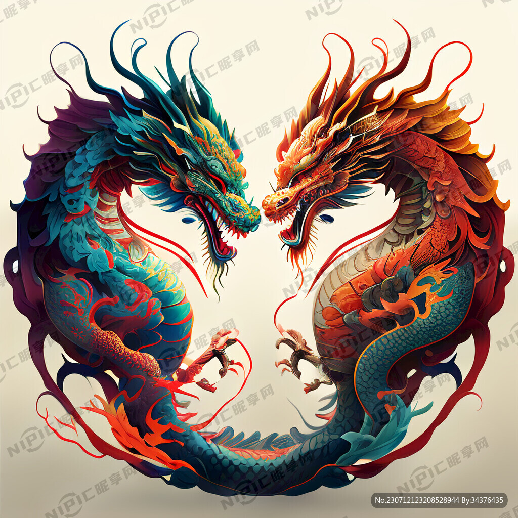 双龙插画 色彩明亮 层次分明