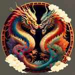 双龙插画，色彩明亮，层次分明，