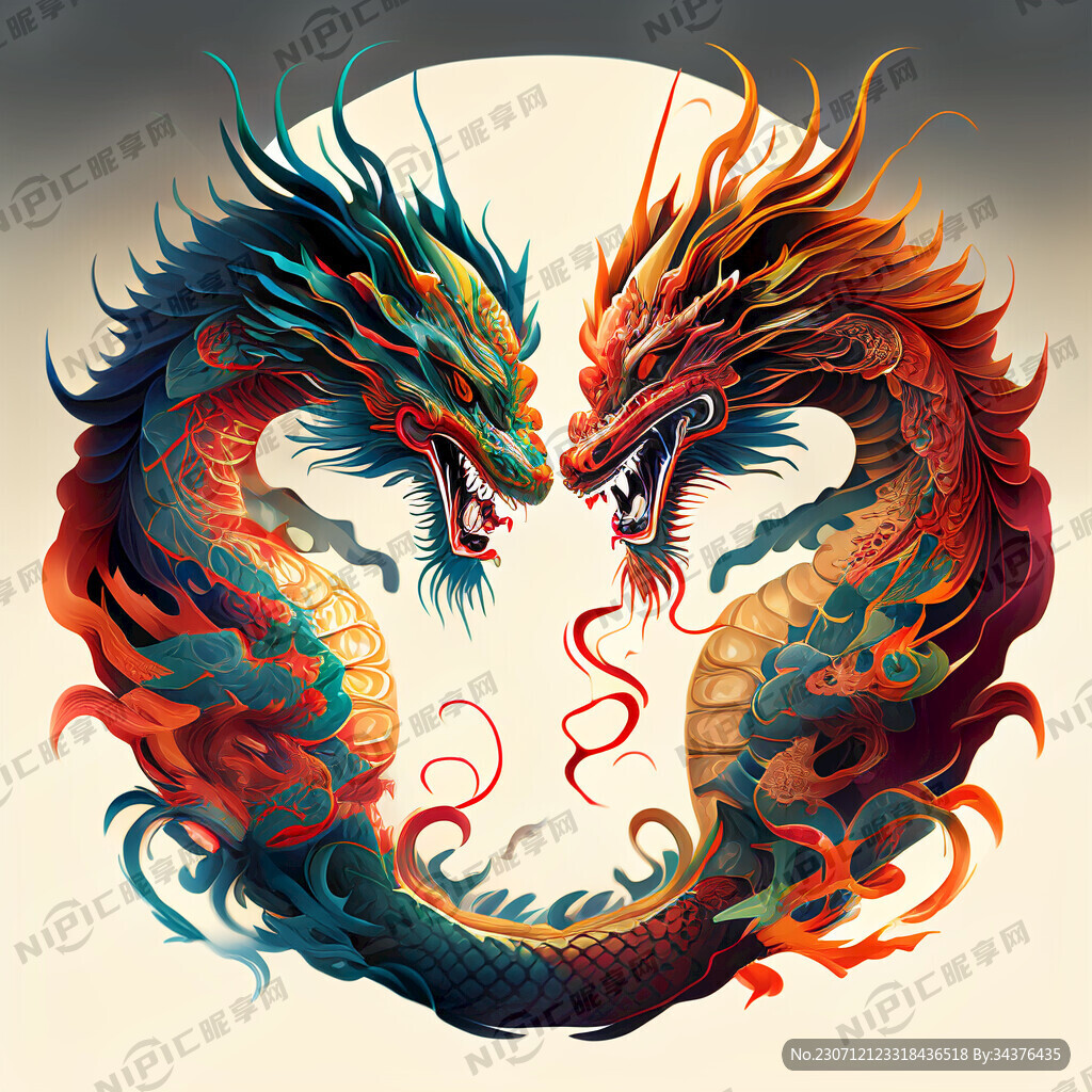 双龙插画 色彩明亮 层次分明