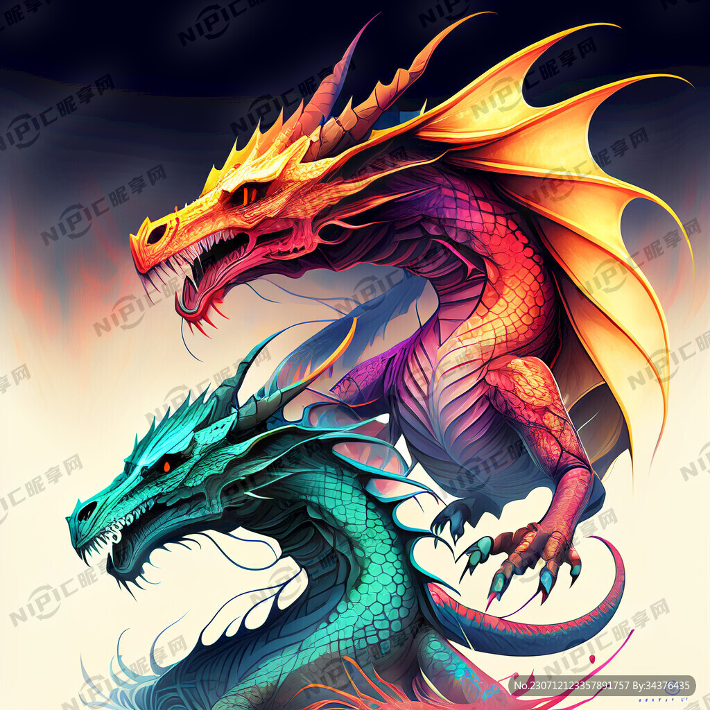 双龙插画 色彩明亮 层次分明