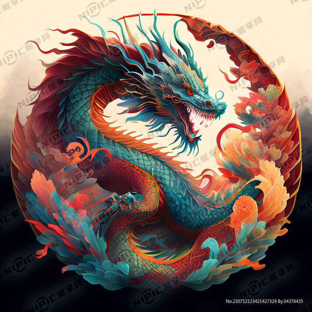 双龙插画 色彩明亮 层次分明