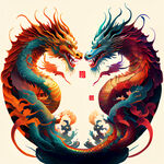 双龙插画，色彩明亮，层次分明，