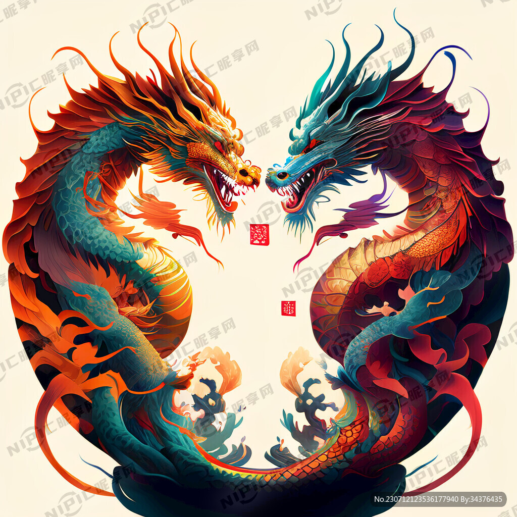 双龙插画 色彩明亮 层次分明