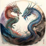 双龙插画，色彩明亮，层次分明，