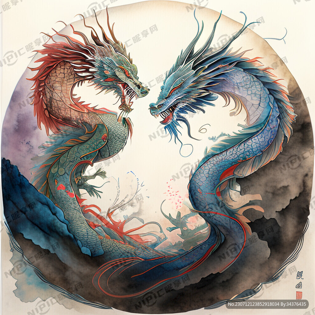 双龙插画 色彩明亮 层次分明