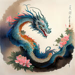 双龙插画，色彩明亮，层次分明，