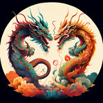 双龙插画，色彩明亮，层次分明，
