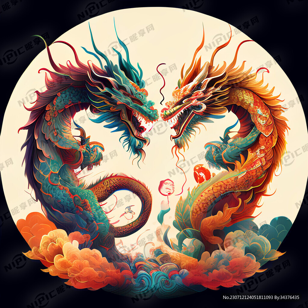 双龙插画 色彩明亮 层次分明