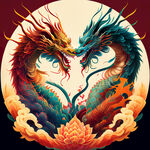双龙插画，色彩明亮，层次分明，