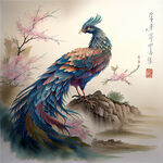 双凤插画，中式古典，色彩明亮，层次分明