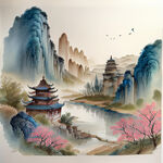 双凤插画，中式古典，色彩明亮，层次分明